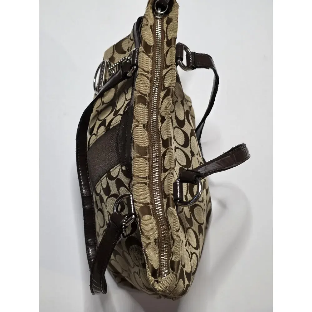 Coach Brown Signature Stripe Tote Brown Patent Leather Trim F28504 Shoulder Bag*